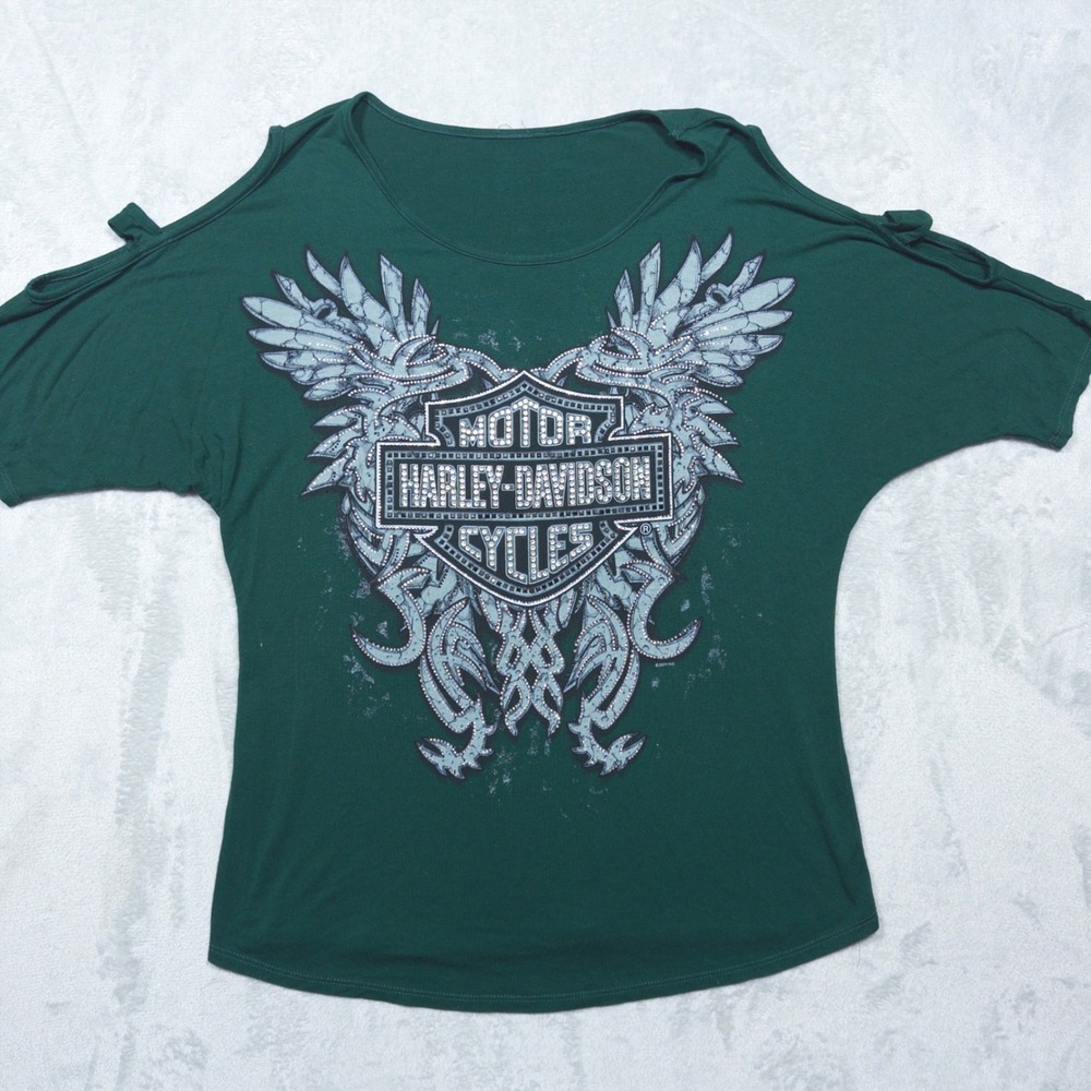 2020s‎ Harley-Davidson Green Cotton Blend Cold Shoulder Graphic Top XL